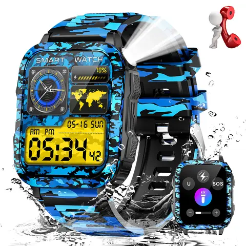 EIGIIS Durable Outdoor Smart Watch for Men - 3ATM Rated, Bluetooth, LED/UV LED Flashlight, 100+ Multi-Sports Modes, Wireless Sync, Call Make Answer, Music Player, Timer, IPS Screen, iOS/Android Compatible