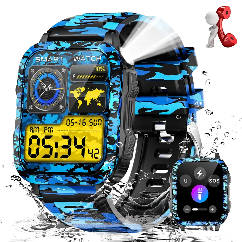 EIGIIS Durable Outdoor Smart Watch for Men - 3ATM Rated, Bluetooth, LED/UV LED Flashlight, 100+ Multi-Sports Modes, Wireless Sync, Call Make Answer, Music Player, Timer, IPS Screen, iOS/Android Compatible