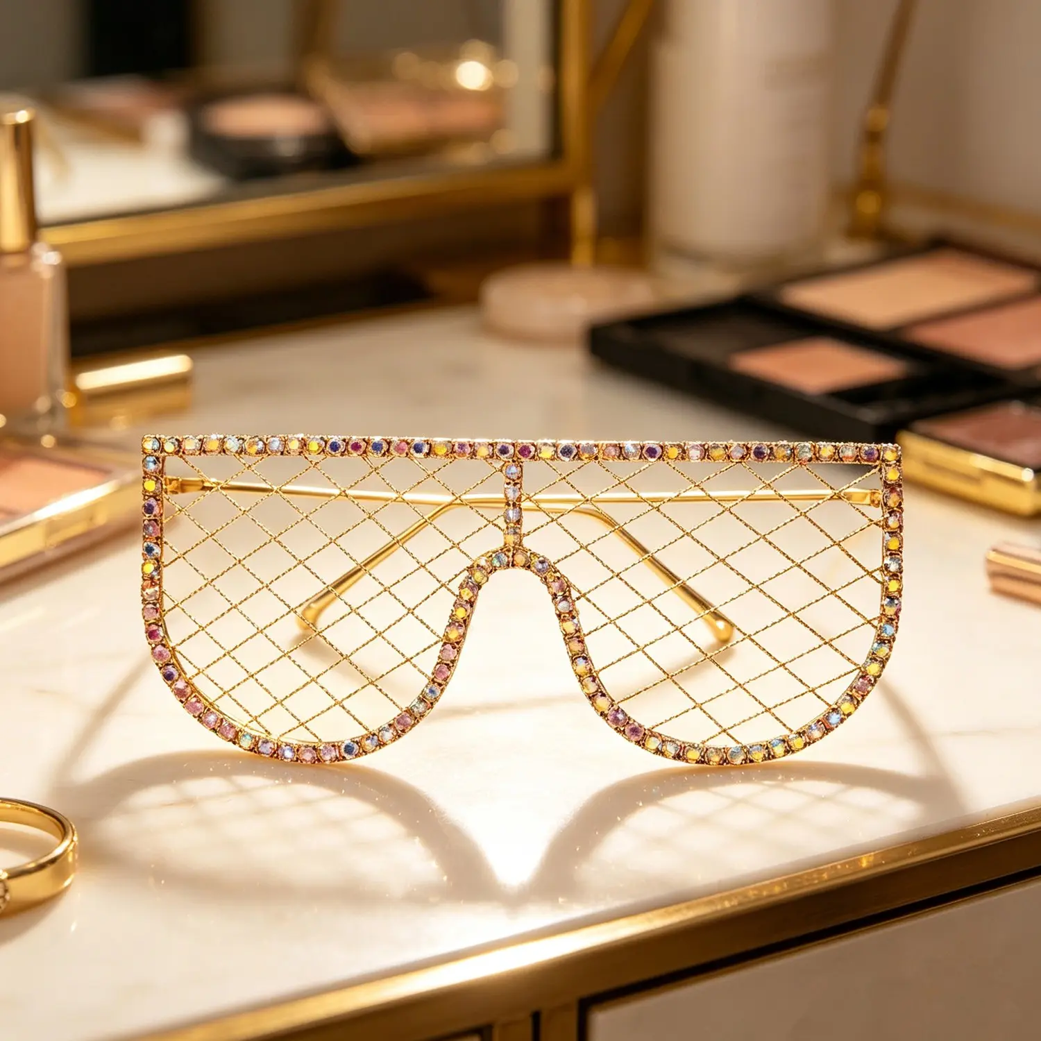 Extra Large Rhinestone Grid Goggles, Y2K Sparkle Music Festival Sunglasses, Edm Gold Mesh Rhinestone Big Frame Shades, Party Fashion Accessory, Party Accessories, Party Supplies