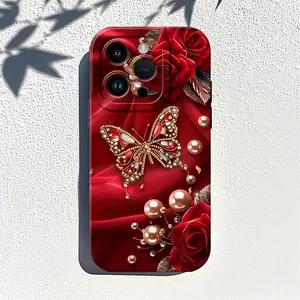Red Butterfly Pattern Phone Case , Soft Silicone, Fully Protected and Shockproof Cover For iPhone 17 16 15 Pro Max 14 13 12 11 X Plus Air Mini 17E Complete Protection