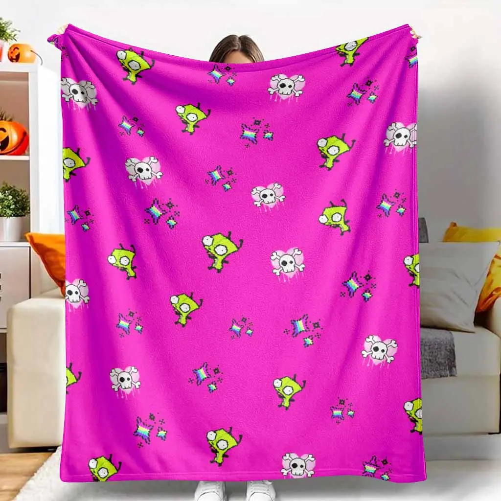Neon Pink Alien Skull Pixel Art Flannel Blanket - Flannel Fabric, Fading Resistance, Multi-Size, Retro Arcade Print, Soft Cozy Warm Lightweight Plush, Indoor Use, Home & Travel, Halloween Party Gift Decor, Plush Texture