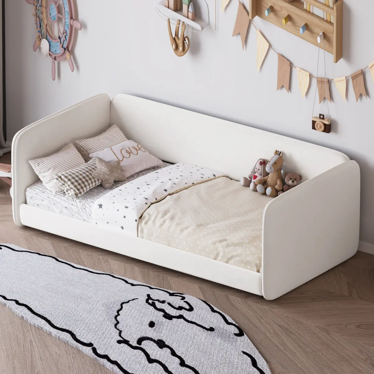 [Bellemave] Twin Size Montessori Floor Bed with Upholstered Headboard and Armrests, Velvet Low Profile Platform Bed with Protective Sides for Boys Girls