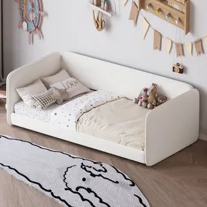 [Bellemave] Twin Size Montessori Floor Bed with Upholstered Headboard and Armrests, Velvet Low Profile Platform Bed with Protective Sides for Boys Girls