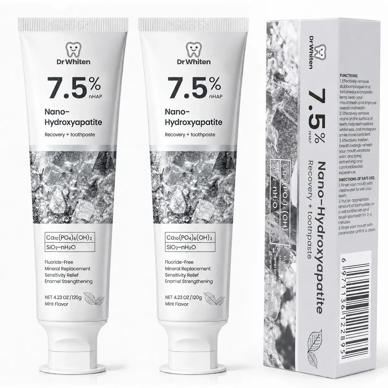 DrWhiten Nano Hydroxyapatite Toothpaste 7.5%25 nHAP, 4.23 oz – Enamel-Strengthening • Fluoride-Free • Natural Peppermint • Ideal for Sensitive Teeth