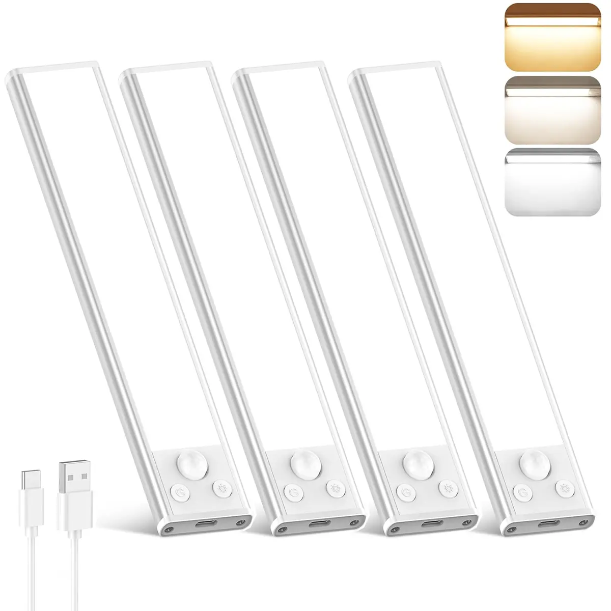 Closet Lights, 4 Pack LED Rechargeable Under Cabinet Lighting Wireless, 3 Color Temps Under Cabinet Lights, Easy Installation，Dimmer Motion Sensor Light Indoor for Pantry, Christmas Decorations，Black Friday，Kitchen, Bedroom