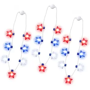 3 PCS 4th of July LED Necklaces, Patriotic Light up Necklace with Stars Red White and Blue Accessories in 6 Different Flicker Modes for 4th of July Party Favors, Memorial Day,Independence Day
