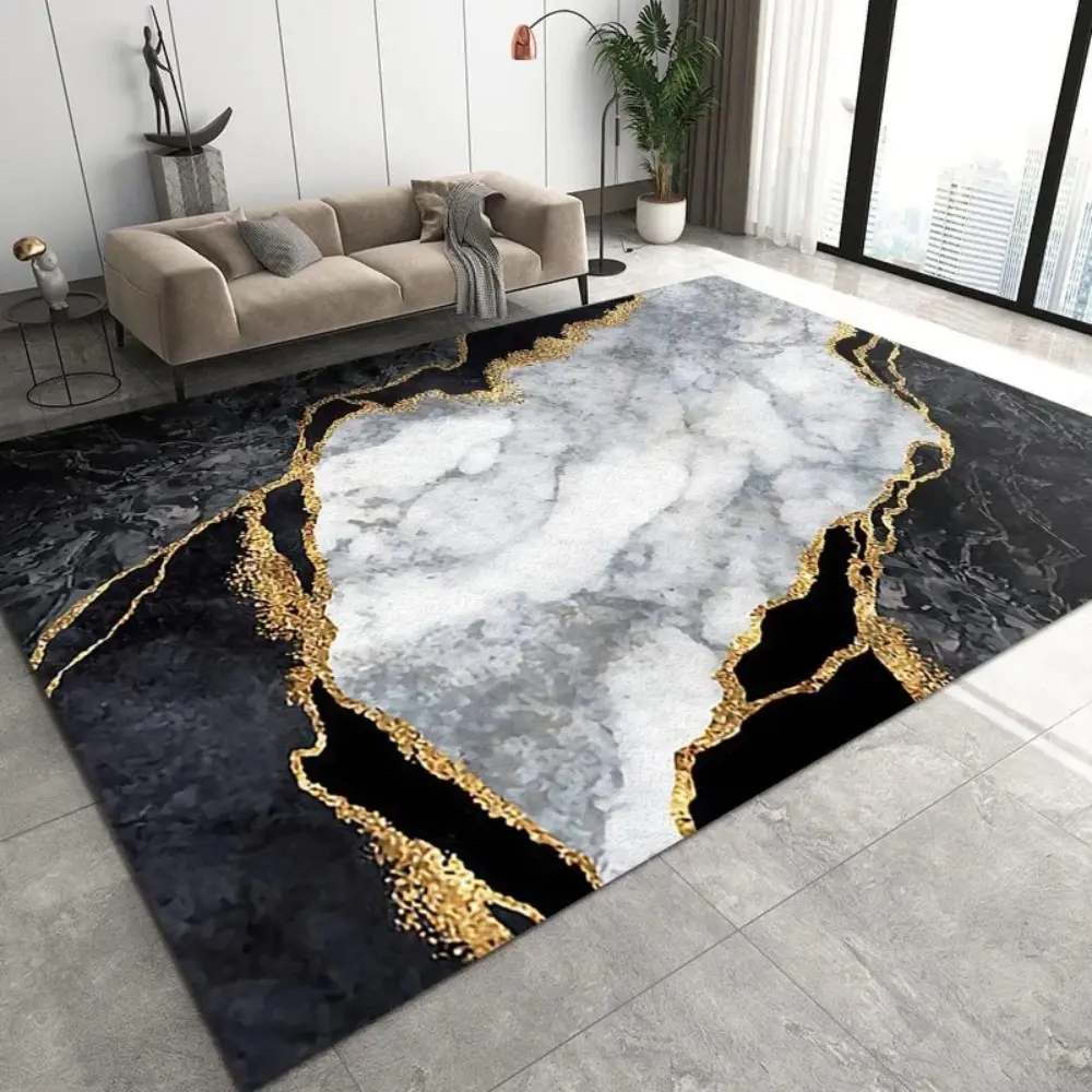 Luxury Black & White Marble with Gold Vein Flannel Area Rug, Modern Abstract Rug, Decorative Rug - Kintsugi Style Print Soft Mat for Living Room & Bedroom, Non-Slip Home Decor