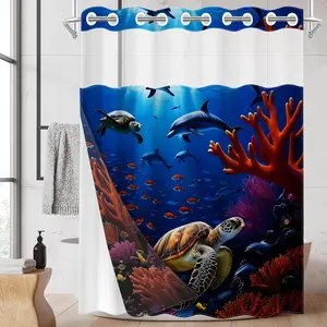 1PC Double Layer Shower Curtain, No Hooks, Underwater World Print Waterproof Fabric, Ocean Themed Bathroom Decor, Calming Whimsical Aesthetic, Hotel Bathroom Accessory, Detachable Buckle Shower Curtain and Liner, Bathroom Room Divider