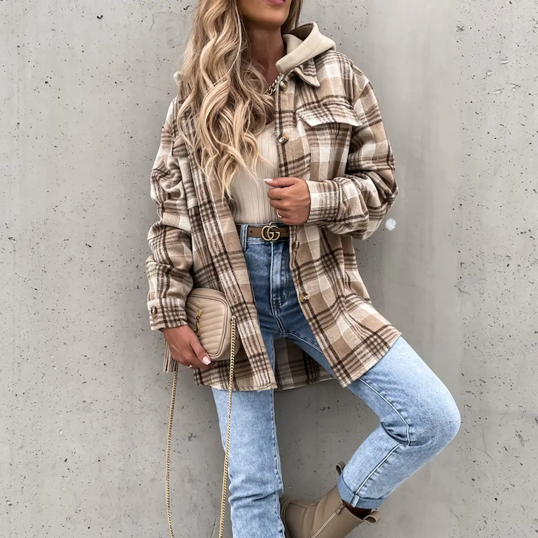 Womens Jacket Button Down Jacket with Hood Plaid Hoodie Coats
