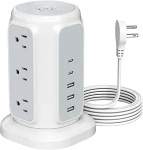 Flat Plug Power Strip Tower with 9 Outlets and 5 USB Ports (2 USB-C), 1200J Surge Protection, 1625W Extension Cord with Multiple Outlets  Station for  Dorm Office Supplies