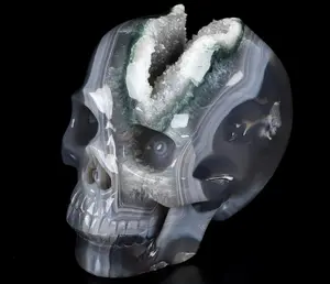 5.3" Agate Geode Carved Crystal Skull,Realistic, Crystal Healing