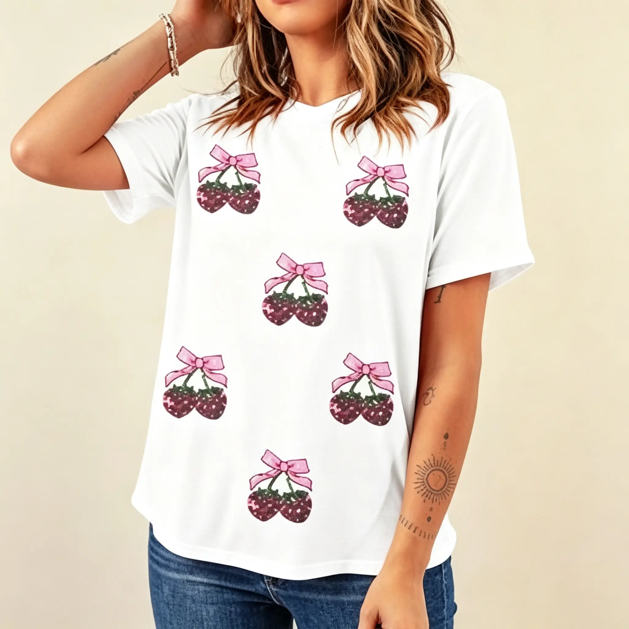 Pink Bow Cherry Coquette Cute Fruit Graphic T-Shirt, Womens Y2K Trendy Summer Tops, 100% Cotton Printed Craft SummerVibes Top, Relaxed Soft Breathable womens summer clothing
