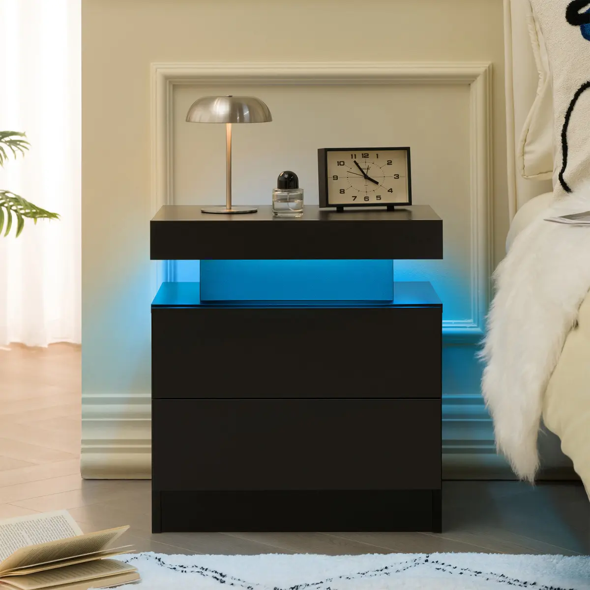 Modern Black Bedside Table with LED Lights, 2-Drawer Nightstand with Open Compartment, Stylish End Table for Game Room & Bedroom, Adjustable Brightness Side Table