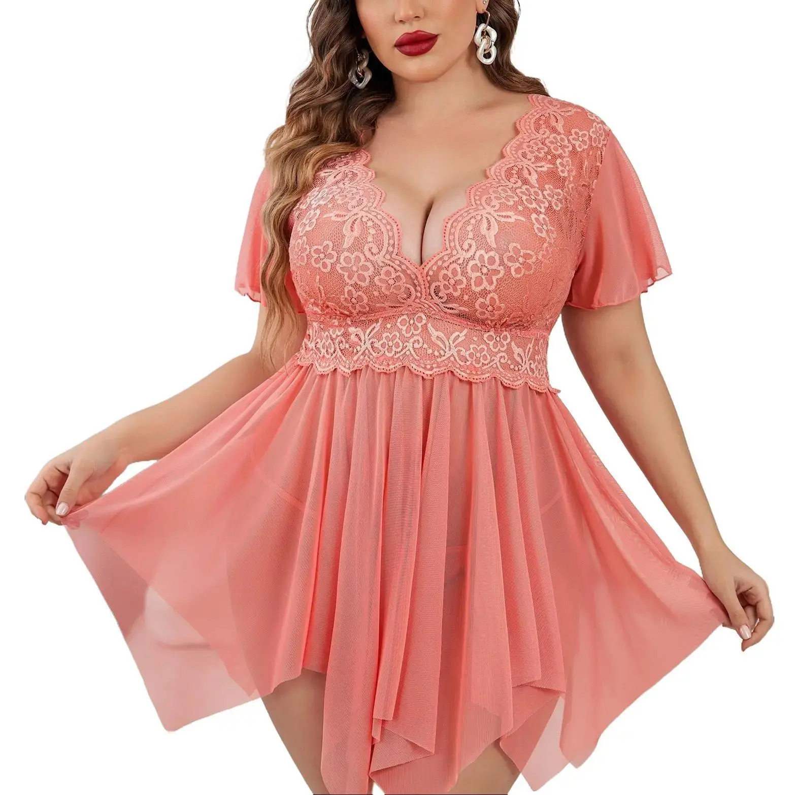 Avidlove Women's Hot Plus Size Floral Lace Lingerie Deep V Nighty Mesh Sleepwear