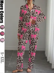 Women's Autumn Winter Pajama Set, Cute Bowknot Print, Holiday Party Sleepwear, Shirt Collar Button Long Sleeve Top & Elastic Pants, Pajamas For Adults