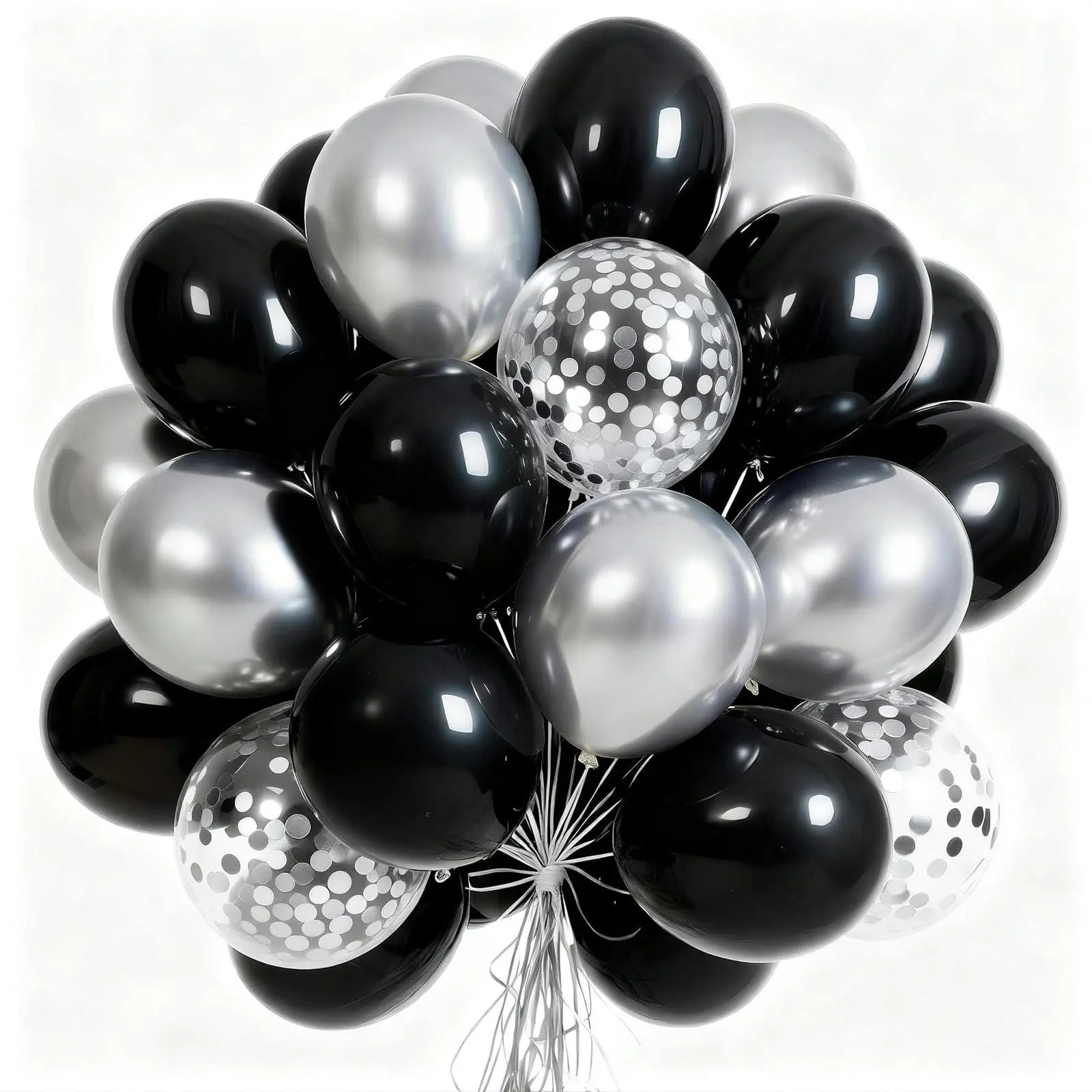 PartyWoo Thick 12 In Float Balloon Arch Backdrop Set, 66 Pcs Matte Black & Metallic Chrome Silver Confetti Pieces, Full Longer Decorations for Men's Graduation, Birthday Events, Balloon Decor