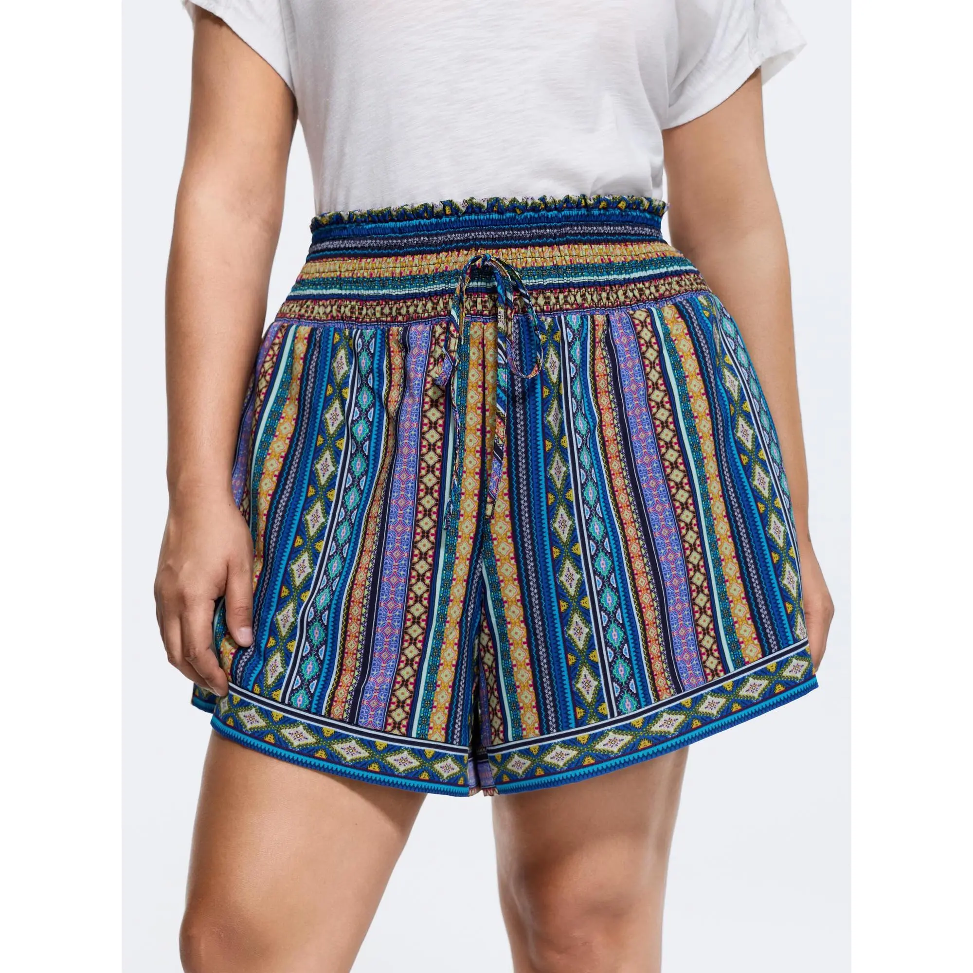 BloomChic Women's Plus Size Ethnic Floral Shorts, High Rise Smocked Drawstring Waist Summer Fit Bottoms, Smooth, Garment, Fabric, Spandex