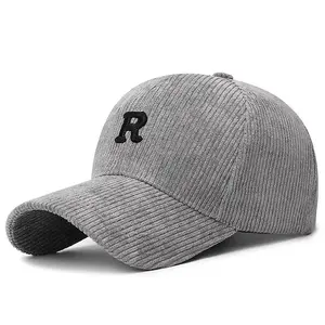 Corduroy Baseball Cap with 3D Embroidered 'R' Letter Solid Color Adjustable Structured Hat Stylish Fall and Winter Accessory