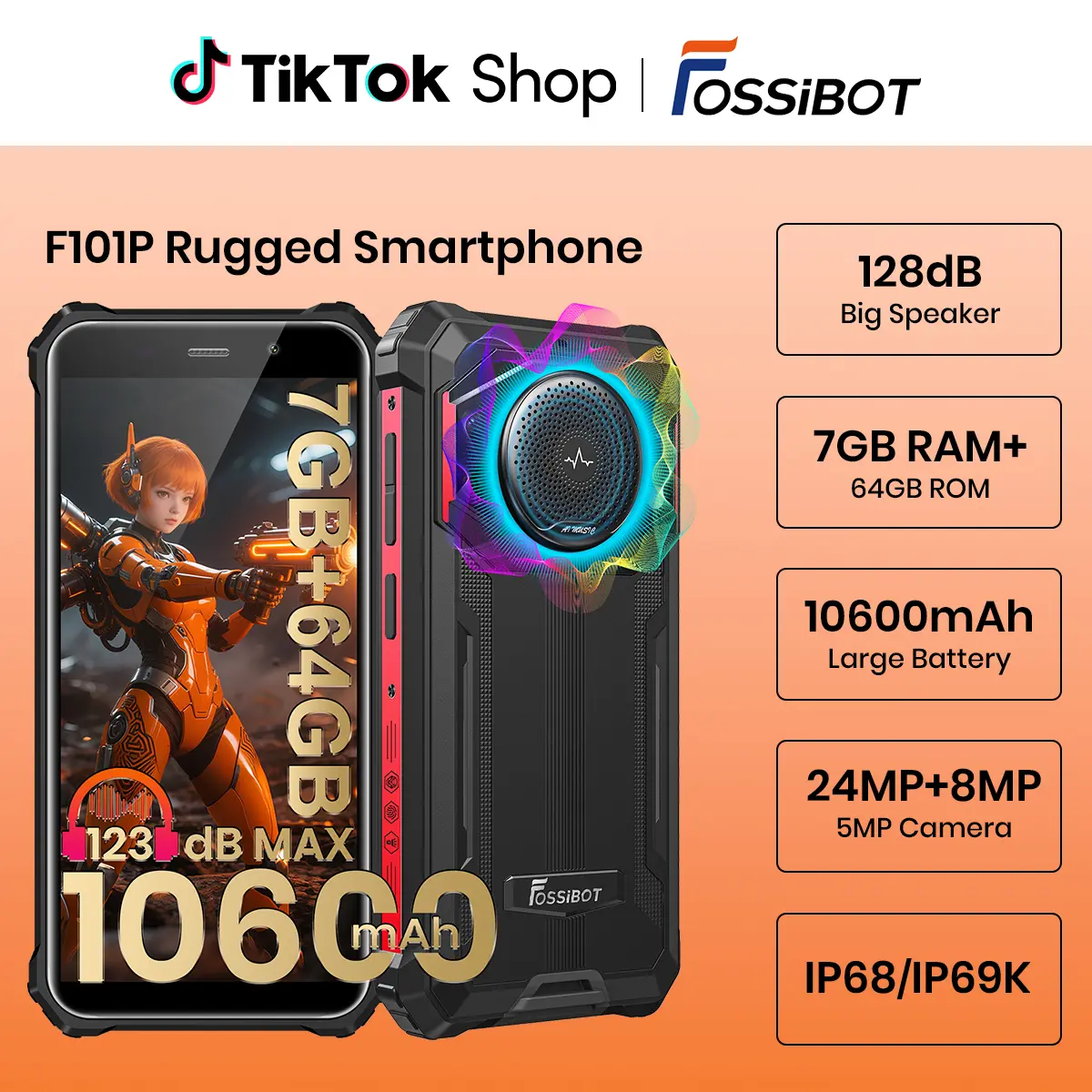 FOSSIBOT F101P Rugged Phone Unlocked 5.45"(2026), 10600mAh Unlocked Phone 123dB Loud Volume Phone, 7GB+64GB/1TB, 24MP Camera Waterproof Smartphone 4G Dual SIM/OTG/2Ghz Octa-core/IP68/IP69K (Black) | 123dB Loud Volume