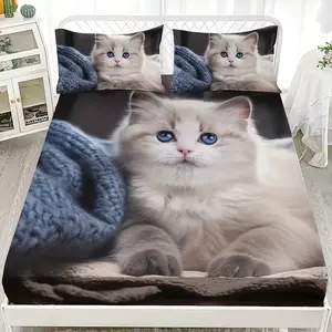 Cute Cat Print Bedding Set, 3-Piece Includes Sheet and Pillowcases, Fashionable and Cozy, No Pillows Included, Ideal for Bedroom Decor, Bedsheet