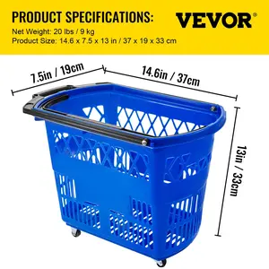 【Father's Day】VEVOR Shopping Basket with Handle on Castors- Blue Pack of 6 Organiser Plastic