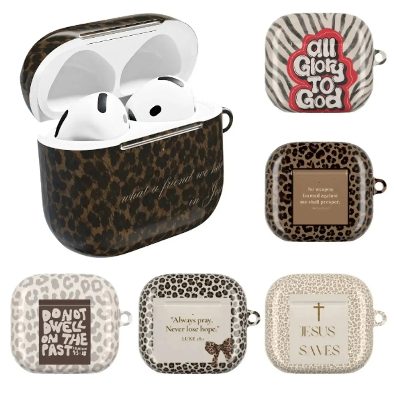 Christian Faith Bible Verse Leopard Case Cover Compatible with AirPods Pro 2 1 3, AirPods 4 3 2 1 - Inspirational Jesus Quote Animal Print Glossy Hard Case (2D Flat Printed)