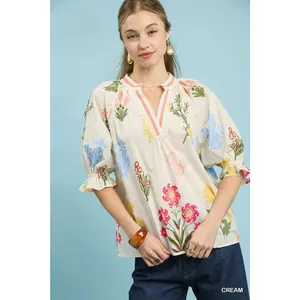 Umgee Floral Split Neck Puff Sleeve Top