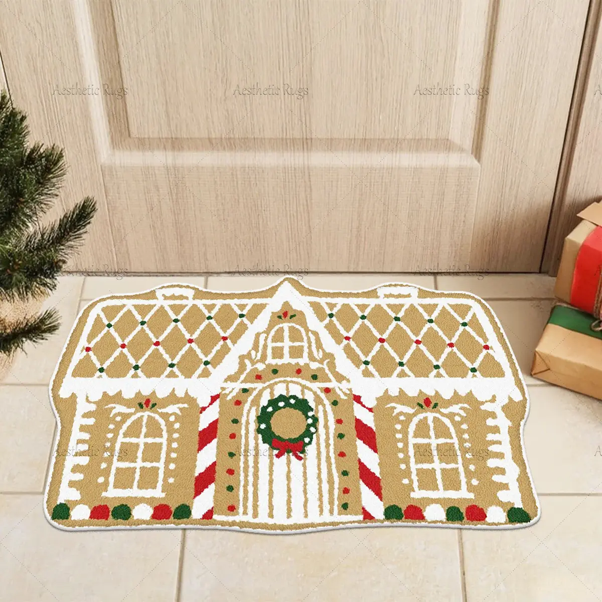 Bohemian Christmas Rug, Boho Area Rug, Thick Soft Plush Mat, Cute Cartoon Gingerbread House Design, Ideal for Living Room & Bedroom Decor