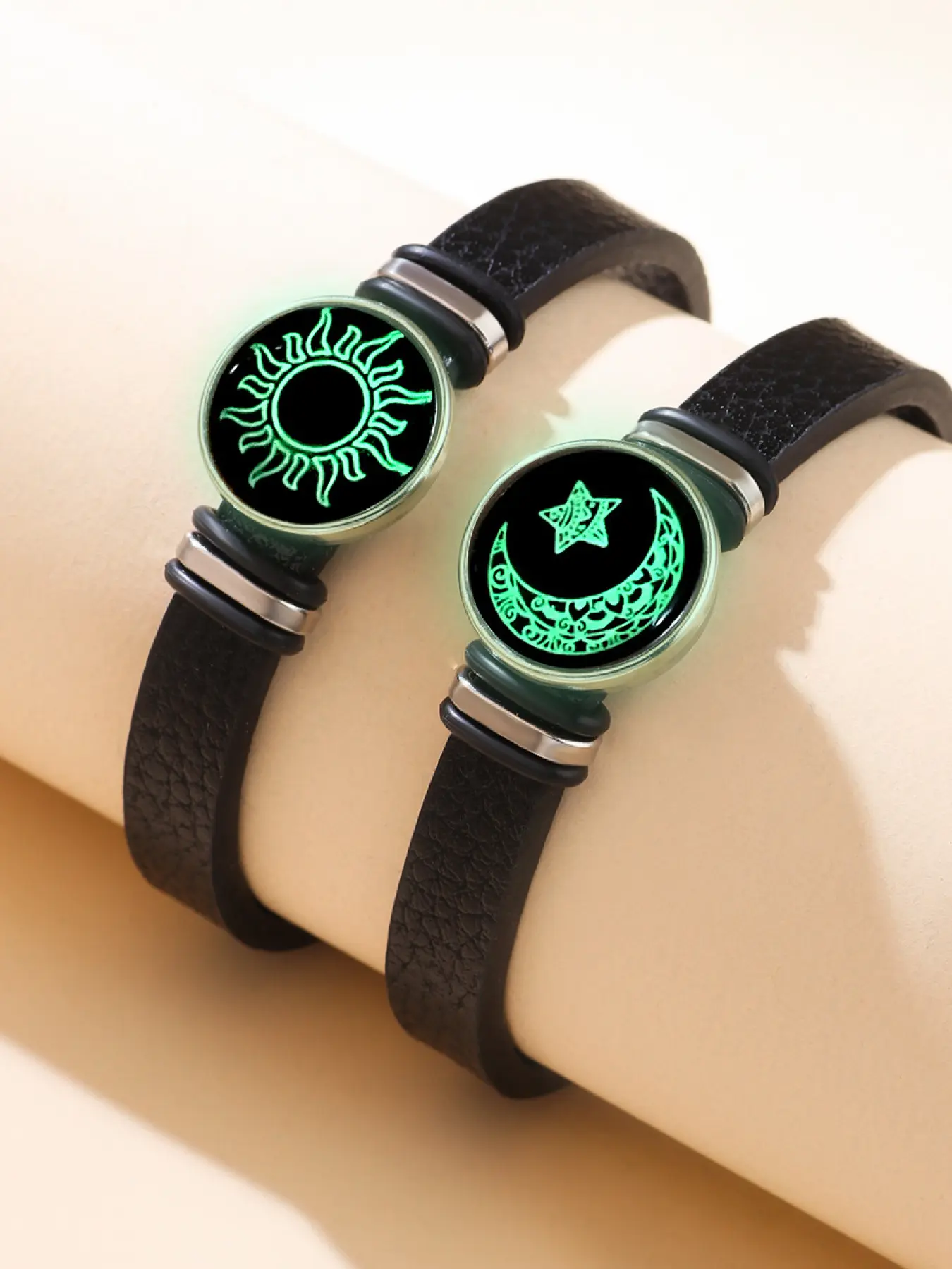 Glow in the Dark Sun Moon Star Leather Bracelet - Couple/BFF Matching Set, Matching Bracelets, Niche Design Luminous Fashion Jewelry, Trendy Bangle