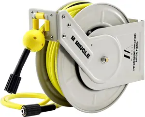 M MINGLE Retractable Garden Water Hose Reel, 1/4"-60ft Heavy-Duty Professional Power Washer Hose Reel, Auto Rewind, Wall-Mountable, Floor Mount Option, 3600 PSI Father's Day Gift