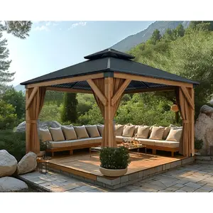 Garvee Heavy Duty Hardtop Spruce Wood Gazebo 10'x10' – Double Metal Roof, 4.7'' Reinforced Poles, Waterproof Outdoor Pavilion with Curtains & Mosquito Netting – Ideal for Patio, Deck, Backyard