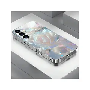 Water Drop White Rose Electroplated Silver Tempered Glass Phone Case,Suitable for iPhone17/iPhone17 air/iPhone17 pro/iPhone17 pro max/16 Pro Max/15 Pro Max/14 Pro Max/13 Pro Max/12 Pro Max/11 Pro Max , Compatible With Samsung Galaxy Series A54/A53