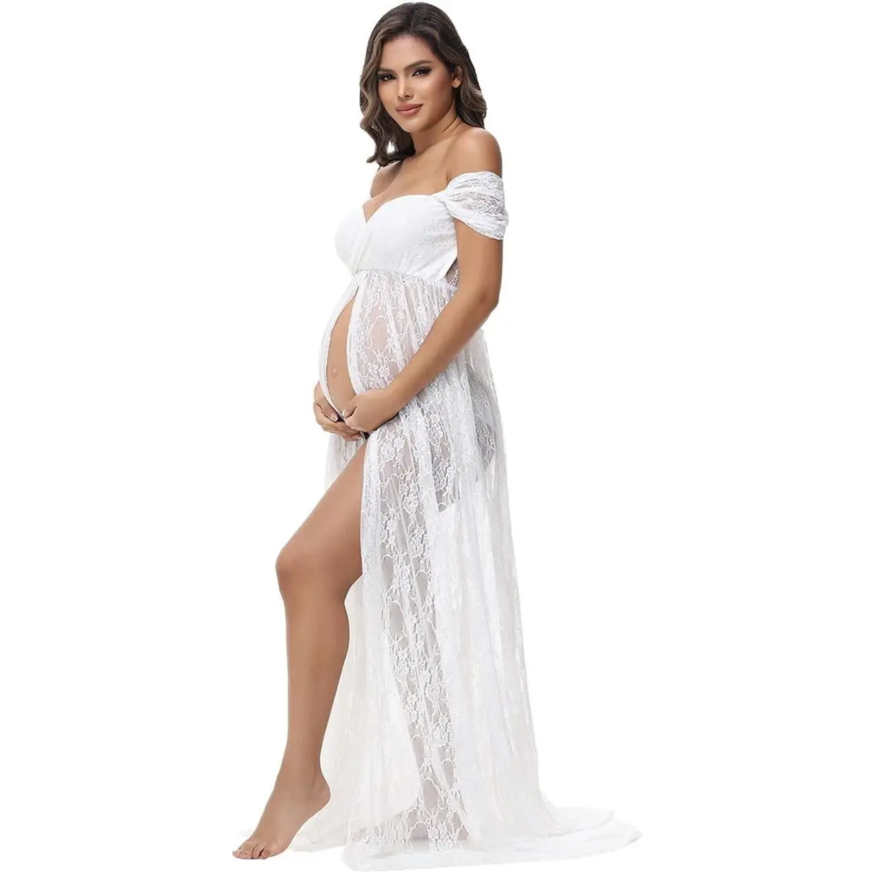Maternity Dresses for Photoshoot Off Shoulder Chiffon Lace Gown Split Front Maxi Photography Dress