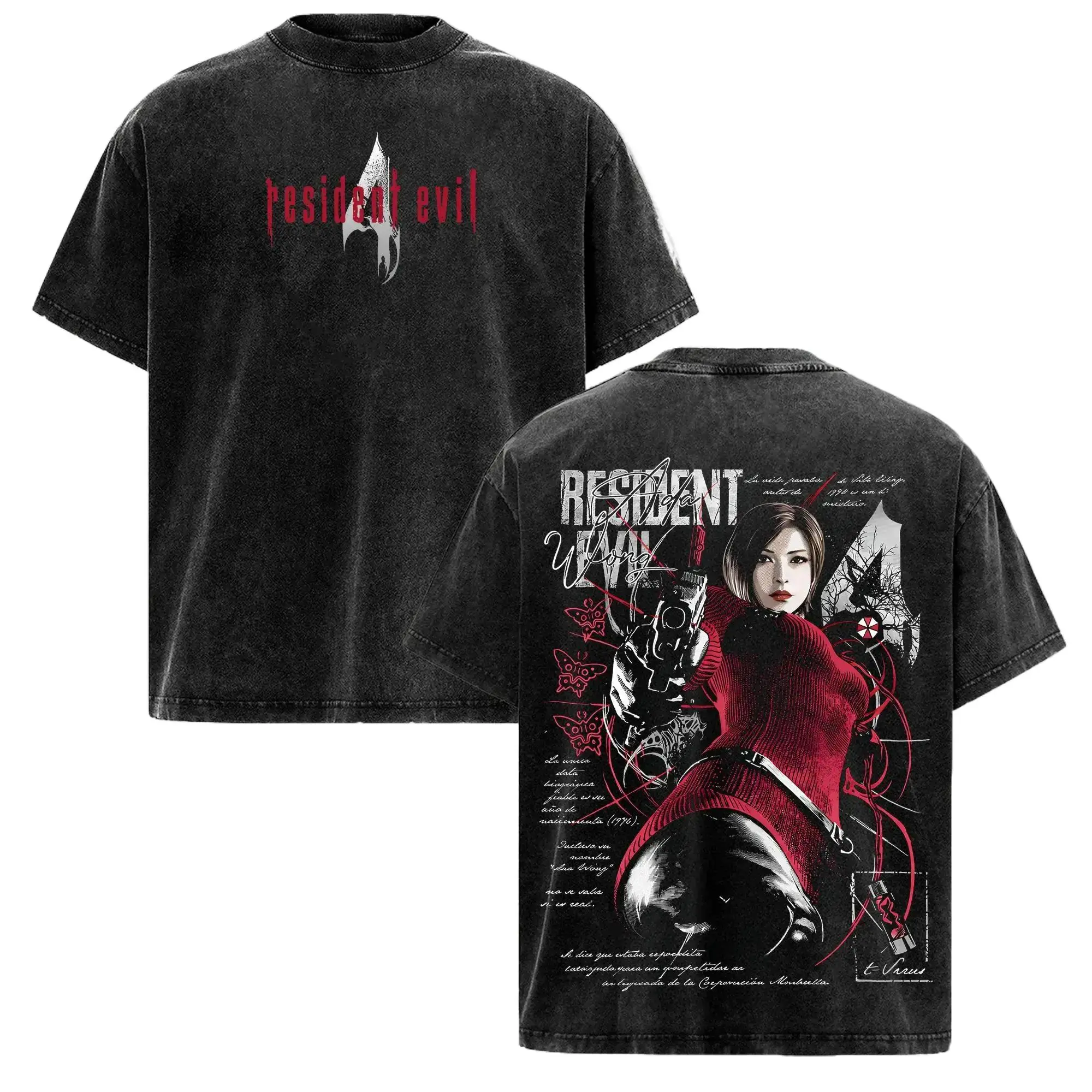 Ada Wong Secret Agent Oversized T-Shirt – Resident Evil Double Printed Graphic Tee, Dark Streetwear Casual, Heavy Cotton Unisex Top, Survival Horror Game Vintage Washed Shirt, Gift for Gamers