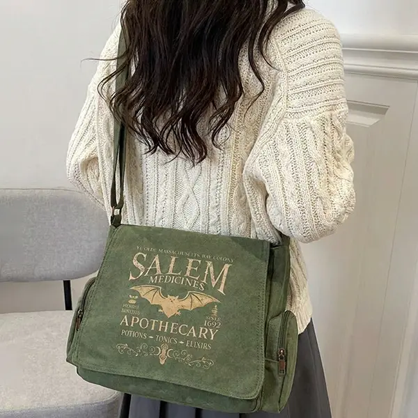 Retro Canvas Messenger Bag for Women, Lightweight Vintage Salem Bat Letter Print Crossbody Tote with Zipper Pockets and Adjustable Strap, Foldable, Salem Pharmacist Bat Pattern, Machine Washable, Adjustable Crossbody Bag, Basic, Artistic, Multiple Pockets