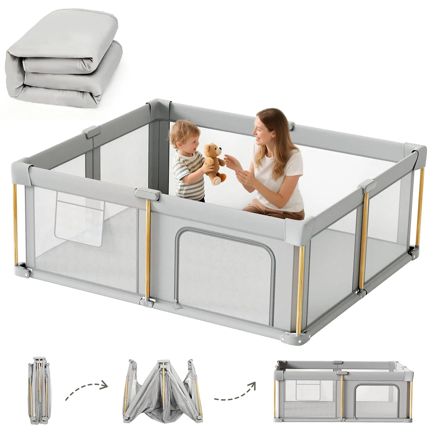 Foldable Wood Oxford Baby Playpen with Playmat for Baby & Travel Storage Bag, 50x50in Portable Collapsible Play Fence for Toddlers, Indoor & Family Outings Use, Foldable Baby Playpen, Hanging Loops