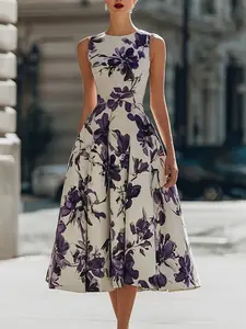 Elegant Floral Print Sleeveless Dress, High Waist A-Line Midi Skirt, Round Neck, Formal, Perfect for Office, Business Events, Vacations