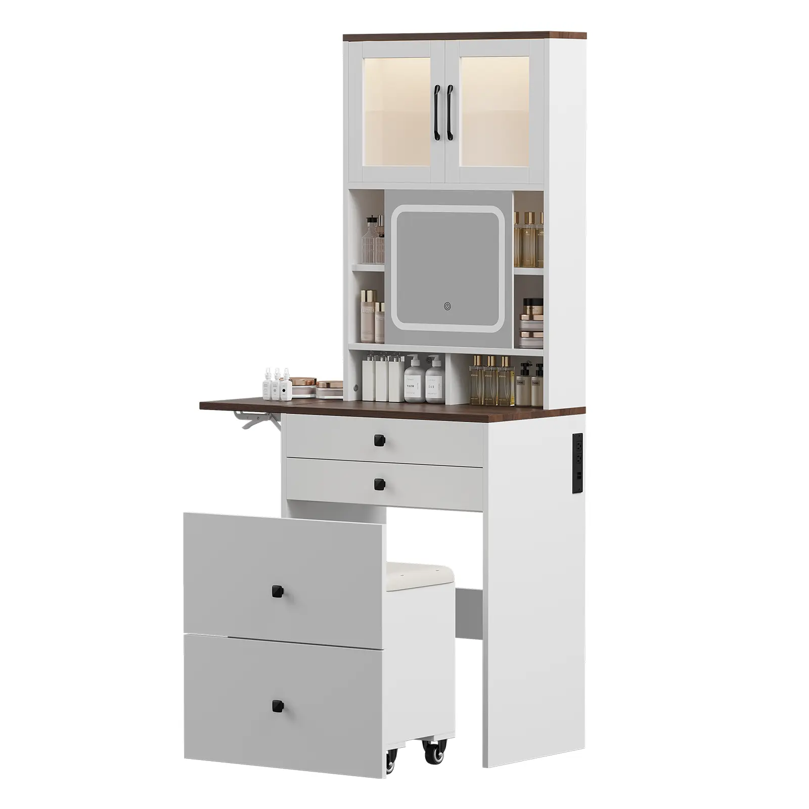 3-in-1 Compact Mini Corner Vanity Desk with Lighted Backlight LED - Drawer-Equipped, Dainty Makeup Vanity for Small Spaces, Indoor Furniture with Dresser Organization, Beauty Storage Solutions, Illuminated Base