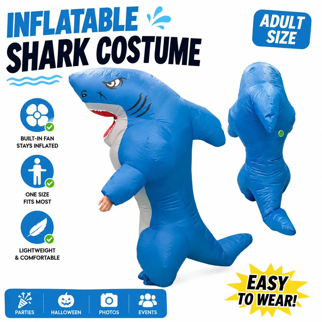 Inflatable Shark Costume for Adults, Funny Blow Up Shark Outfit with Built-in Fan, Animal Costume for Halloween Parties, Cosplay, Carnival, Theme Events