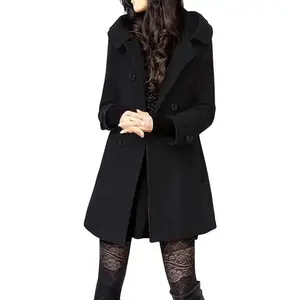 Women's Warm Double Breasted Wool Pea Coat Trench Coat Jacket with Hood