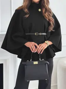 Women's Fashion Elegant Chic Batwing Sleeve Short Stand Collar Loose Fit Casual Coat Jacket, Fall Winter, No Belt, Stylish and Comfortable