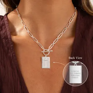 Tewiky Charm Cross Choker Necklace for Women, Back engraved with Jesus' blessing message Thick Chunky Paperclip Chain Hip Hop Necklace Unisex Jewelry,Cuban Link Chain for Women Valentine's Day Gift SpringStatements