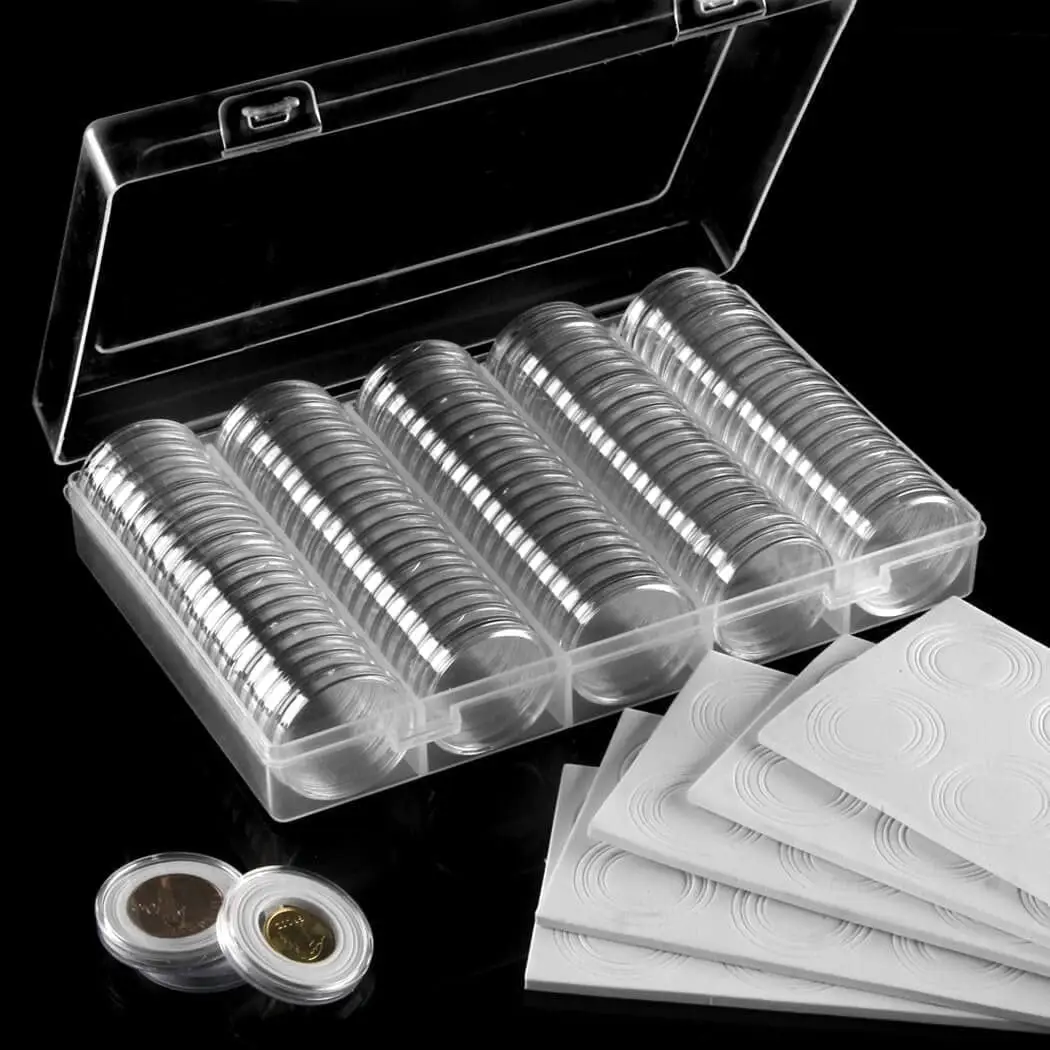 100 Pieces Case Holder for Collectors 30mm Silver Gold Bar Plastic Rounds Coins Capsules Covers with Storage Organizer Box for Copper Pesos Quarters P
