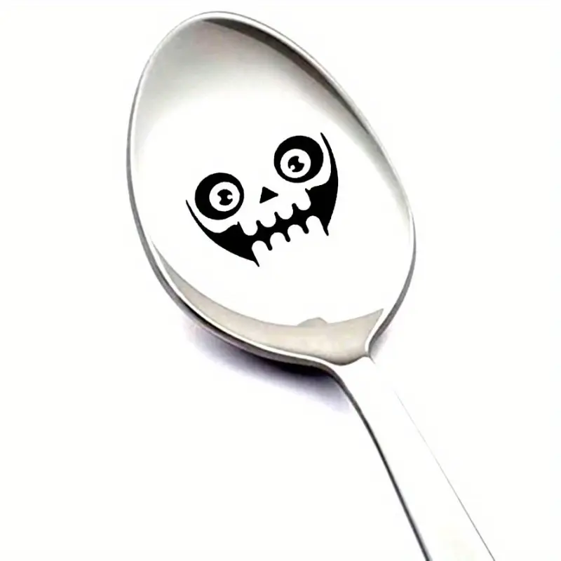 Halloween Skull Design Spoon, Durable 304 Stainless Steel, Curved Tail Polished Surface, Perfect for Desserts Tea Coffee Ice Cream Gift