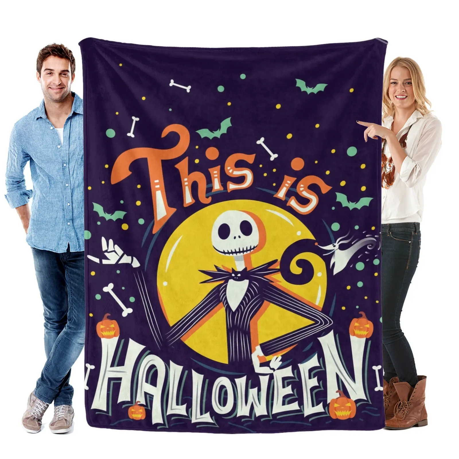 Disney The Nightmare Before Christmas Jack Skellington Halloween Flannel Blanket, This Is Halloween Soft Cozy Fleece Throw, Purple Gothic Spooky Decor for Couch Sofa Bed, Halloween Christmas Gift for Kids Adults Fans
