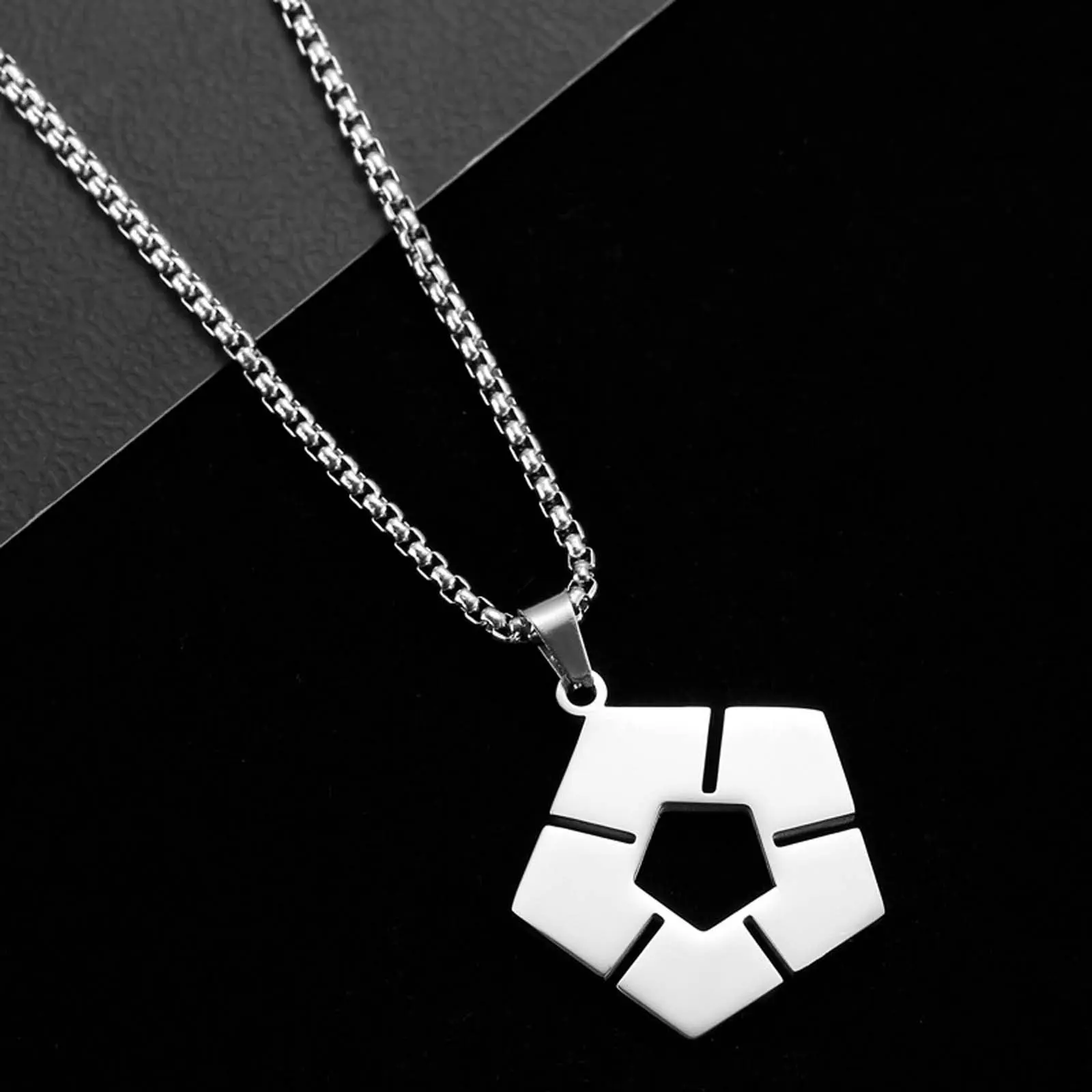 Unisex Stainless Steel Pentagonal Geometric Football Pendant Necklace - Shiny Box Chain Casual Sports Jewelry Accessory for Adults, Tarnish-Resistant, Symbolizes Strength & Passion, Ideal Gift for Sports Lovers
