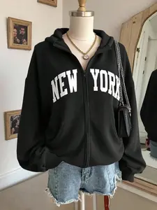 Women's Black NEW YORK Zip-Up Fitted Hoodie with Front Bold Lettering, Geometric Long Sleeves Womenswear, Soft Pullover Top for Casual Streetwear and Urban Fashion Outfits, Street Fashion Sweatshirt