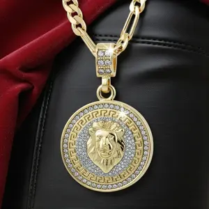MaxBling81 Lion Head Medal Gold Finished CZ Pendant & 14K Stamped High-End Brass 5mm 20" 24" Figaro Chain Necklace Hip Hop Celebrity Style Daily Wear