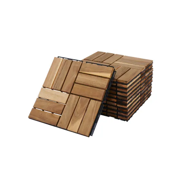 Acacia Wood Interlocking Deck Tiles Checker Pattern, 10PCS 12" x 12" Square Brown Acacia Hardwood Outdoor Flooring for Patio, Bancony, Pool Side