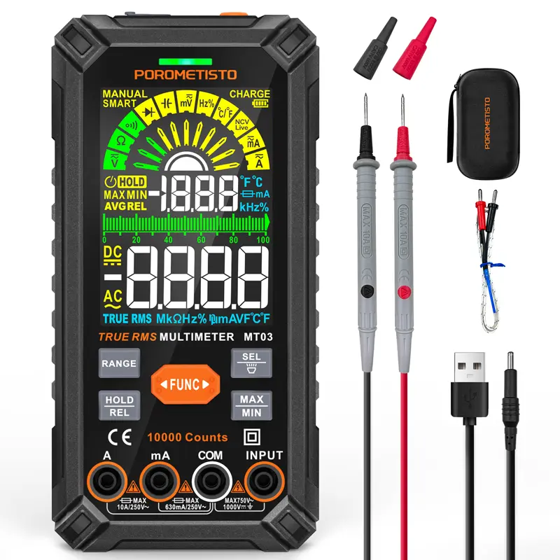 POROMETISTO-MT03 Digital Multimeter, 10000 Counts, Smart Auto-Ranging Voltmeter, Non-Contact Voltage Test, Measures AC/DC Voltage/Current, Resistance, Capacitance, Frequency, True RMS - Black Car Circuit Tester Car Relay Tester, Battery Tester